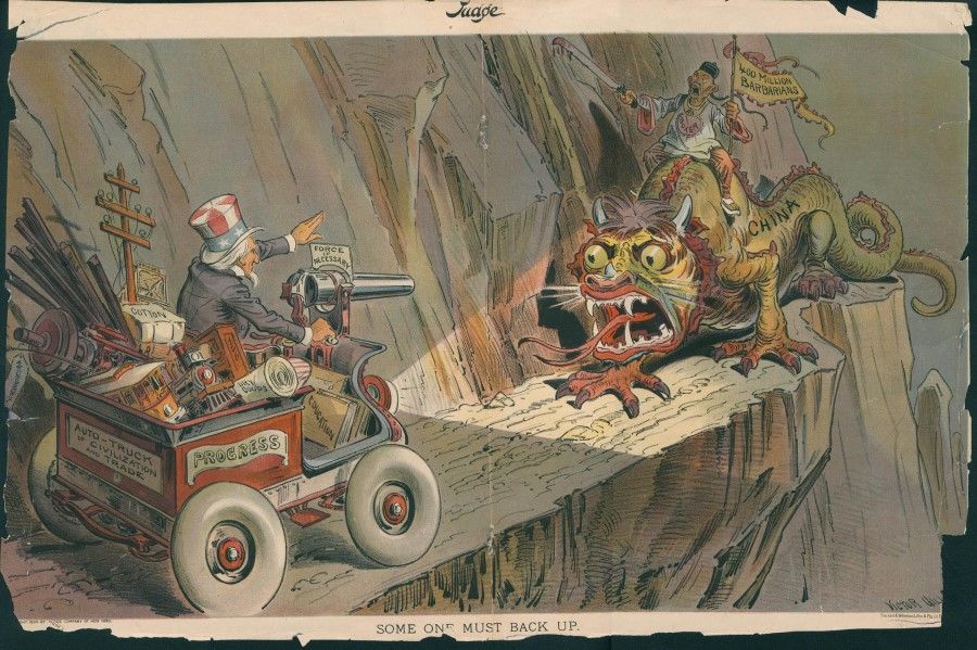 An illustration in US satirical magazine Judge showing the China-US conflict, 1890s. The caption reads "Someone must back up", and the image depicts China as a fierce dragon.