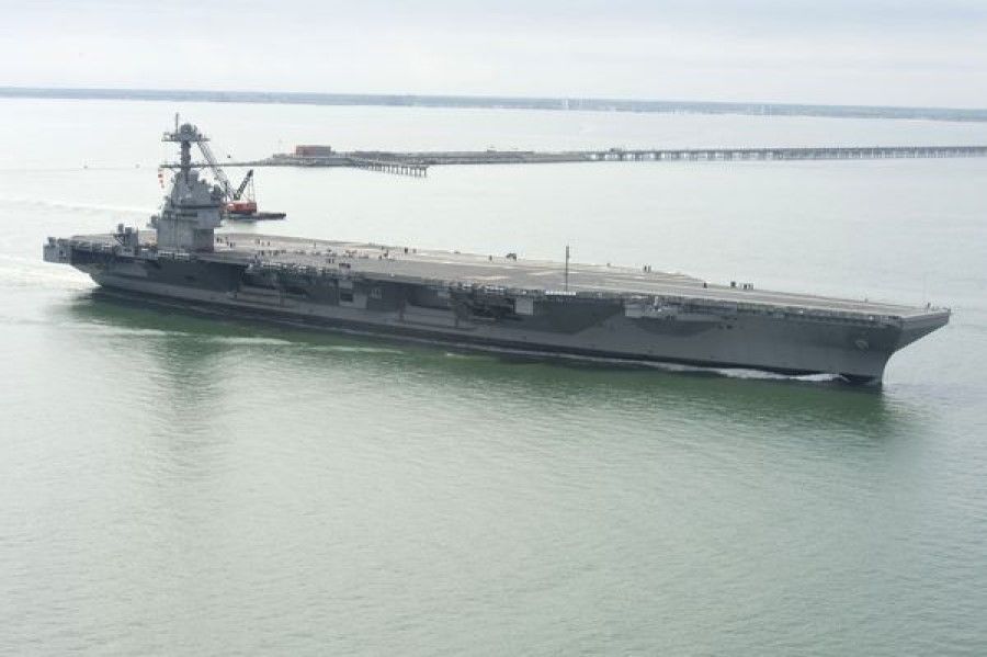 The USS Gerald R. Ford arrives at Naval Station Norfolk after returning from Builder's Sea Trials, 14 April 2017. (US Navy/Mass Communication Specialist 2nd Class Ridge Leoni)