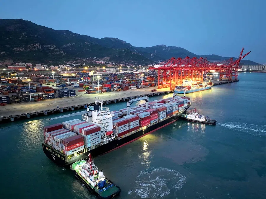 A container ship arrives at Lianyungang port in Lianyungang, Jiangsu province, China, in the morning on 2 May 2025.