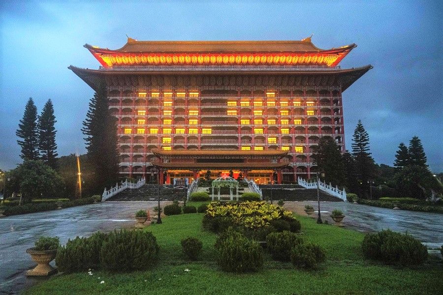 The Grand Hotel is illuminated with the Chinese characters '平安' (Peace) in Taipei, Taiwan, 3 June 2021. (Billy H.C. Kwok/Bloomberg)