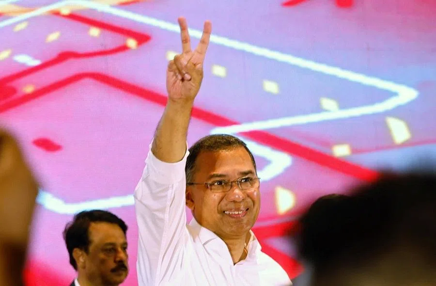 Tarique Rahman, chairman of Bangladesh Nationalist Party (BNP), shows a victory sign during a press conference, following the BNP's victory in the 13th general election, in Dhaka, Bangladesh, on 14 February 2026.