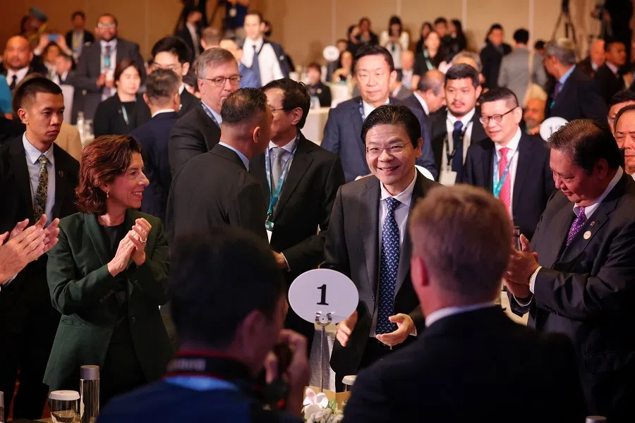 Singapore Prime minister Lawrence Wong at the Indo-Pacific Economic Framework for Prosperity (IPEF) Clean Economy Investor Forum with US Secretary of Commerce Gina Raimondo and Indonesia’s Coordinating Minister for Economic Affairs Airlangga Hartarto (right) on 6 June 2024. (SPH Media)
