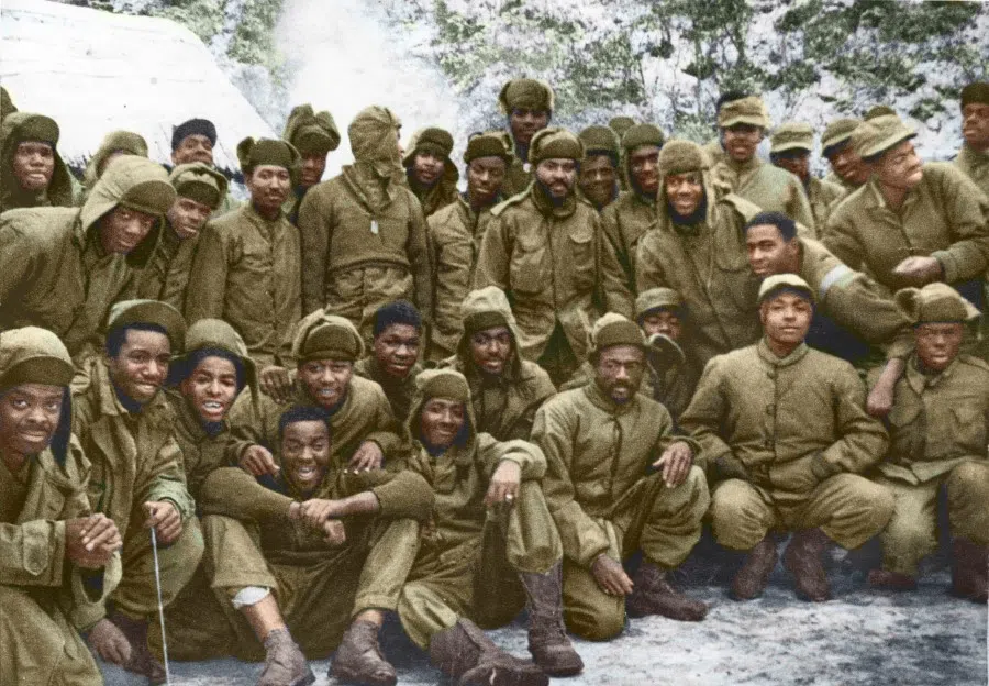 Among the American POWs was C Company, 24th Regiment, 24th Infantry Division, which surrendered in November 1951. The 24th division and its sister 25th division were constituted from restructuring the pre-WWII Hawaiian Division, and have similar heraldry (both have a Hawaiian Taro Leaf and volcanoes on their regimental crests). These divisions were used extensively to fight the Japanese in WWII, especially in the Philippines and on Okinawa. The 24th Infantry Division (nicknamed the "Victory Division") were all black soldiers at the beginning of the Korean war, while the 25th began as an all-white unit - US military divisions were racially integrated during the course of the war as civil rights laws and army policies modernised to be more fair and equal. One POW from Tennessee declined to go back to the US and chose to go to China, and even married a Chinese woman and became a translator. He eventually did return to the US and became a legend among POWs. (Updated 5 January 2021 with additional information from Matthew Abbott, University of San Diego.)