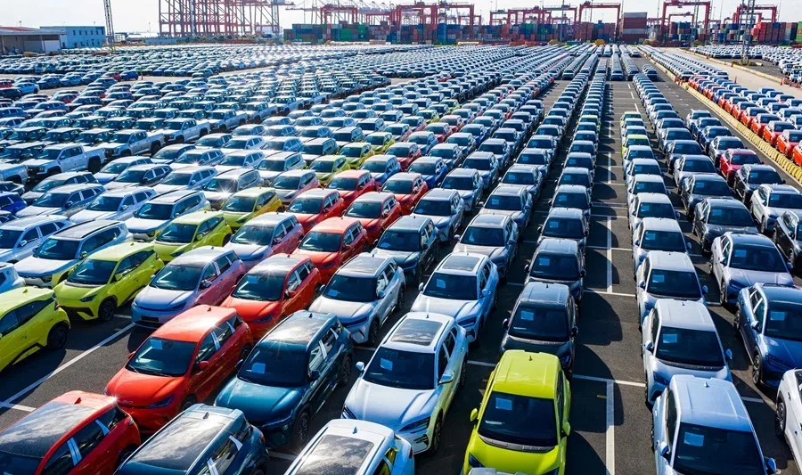 BYD cars and pickup trucks are seen at Suzhou Port in Chinas eastern Jiangsu province, before being loaded onto a ship for export to overseas markets, on 7 September 2026.