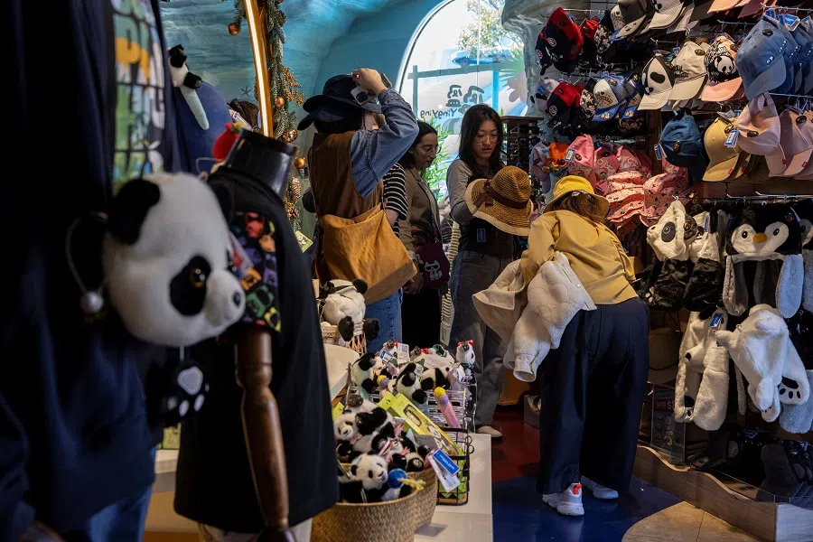 A shelf displays giant panda souvenirs at a shop in Ocean Park, Hong Kong, China, 2 December 2024. (Tyrone Siu/Reuters)