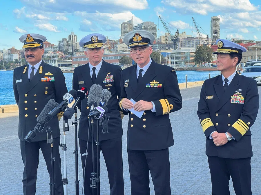 Vice Admiral Saito Akira, Commander in Chief of Japan Self Defense Fleet; Rear Admiral Christopher Smith, Commander Australian Fleet; Vice Admiral Dinesh Tripathi, Commanding in Chief of India's Western Naval Command; and Vice Admiral Karl Thomas, Commander of the US 7th Fleet attend to media as India, Japan, US, Australia will hold first Malabar naval exercise off Australia, in Sydney, Australia, on 10 August 2023. (Kirsty Needham/Reuters)