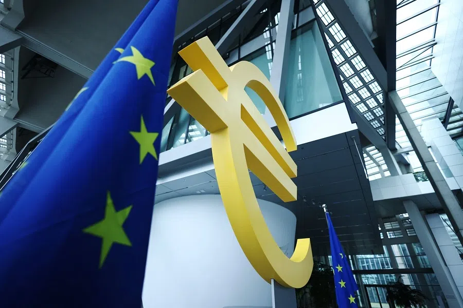 A euro symbol statue at the headquarters of the European Central Bank (ECB), in Frankfurt, Germany, on 17 April 2025. European Union countries have been at pains to show a united front in the face of Trumps broadsides. (Liesa Johannssen/Bloomberg)