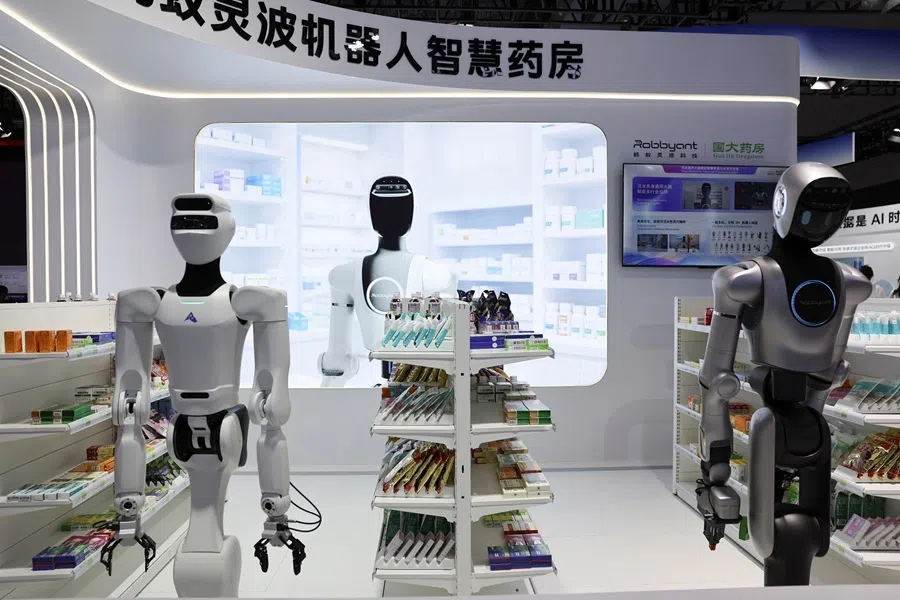 Humanoid robots are displayed at the Ant Group booth during the World Artificial Intelligence Conference (WAIC) in Shanghai, China, on 17 July 2026.