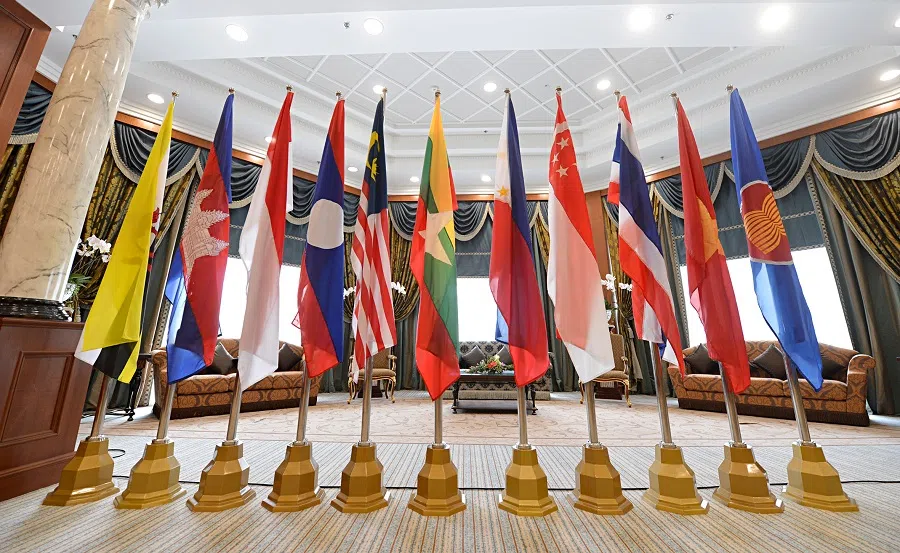 Flags of the ASEAN member states displayed in a conference room at the Prime Minister’s Office (PMO) Building Complex in Bandar Seri Begawan, Brunei, where the 22nd ASEAN Summit is held. 