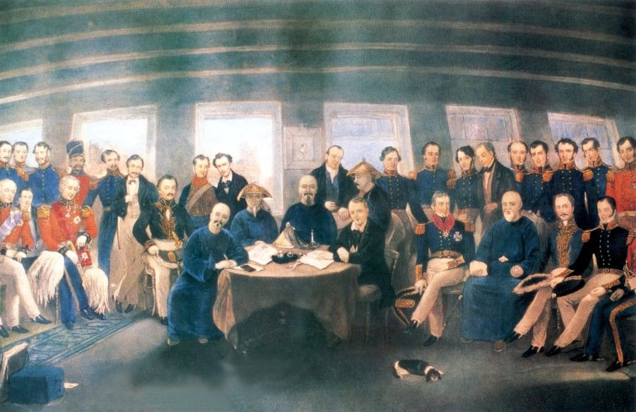 In 1842, the Chinese and British delegations consisting of the Chinese Minister of Revenue Keying, the viceroy of Liangjiang Yilibu, and the first governor of Hong Kong Henry Pottinger signed the Treaty of Nanjing - the first "unequal treaty" between China and a foreign country - on board HMS Cornwallis moored in Nanjing Harbour.