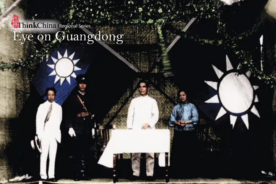 On 16 June 1924, Sun Yat-sen delivered an address at the opening ceremony of the Whampoa Military Academy. His wife, Soong Ching-ling, stands on his right, while the academy’s commandant, Chiang Kai-shek, is on his left.