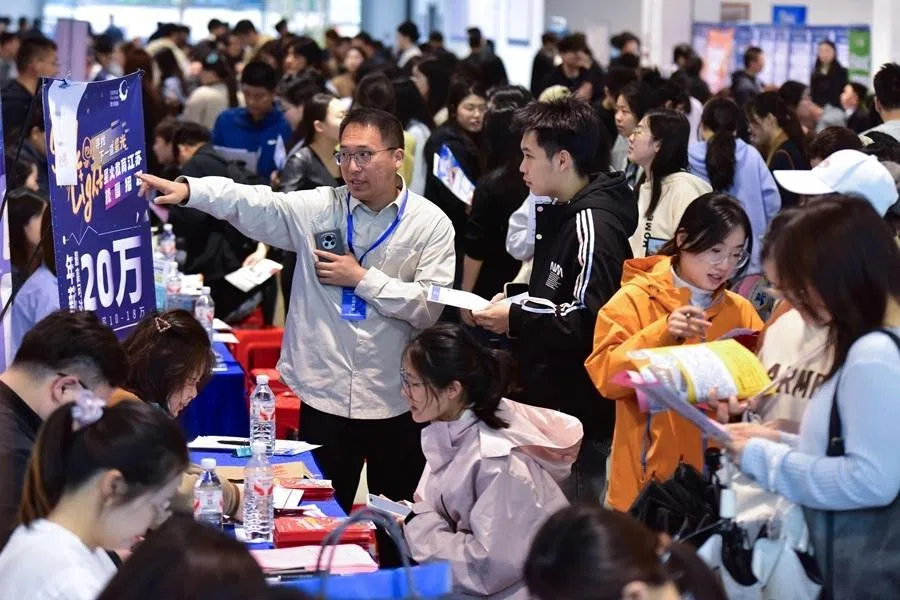 University students attend a job fair for graduates in Fuyang, Anhui province, China on 28 April 2026.