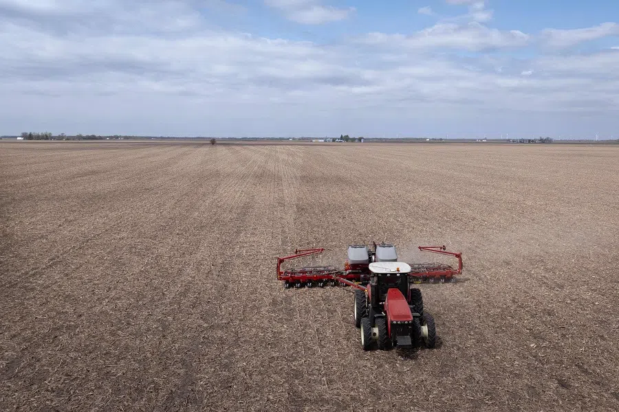 An aerial view of a tractor in a soybean field, near Dwight, Illinois, US, on 28 April 2025. (Scott Olson/Getty Images/AFP)