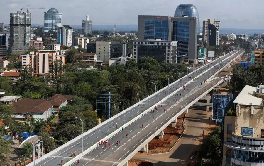 A view shows the cityscape on the Nairobi Expressway undertaken by the China Road and Bridge Corporation (CRBC) on a public-private partnership (PPP) basis, along Waiyaki Way within Westlands district of Nairobi, Kenya, 7 May 2023. (Thomas Mukoya/Reuters)