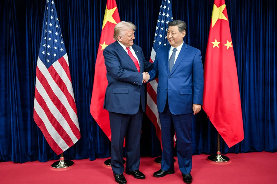 US President Donald Trump shakes hands with Chinese President Xi Jinping as they participate in a bilateral meeting at the Gimhae Air Base on 30 October 2025. (The White House)