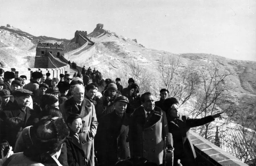 US President Richard Nixon and First Lady Pat Nixon admiring the view from the Great Wall on their visit to China in February 1972.