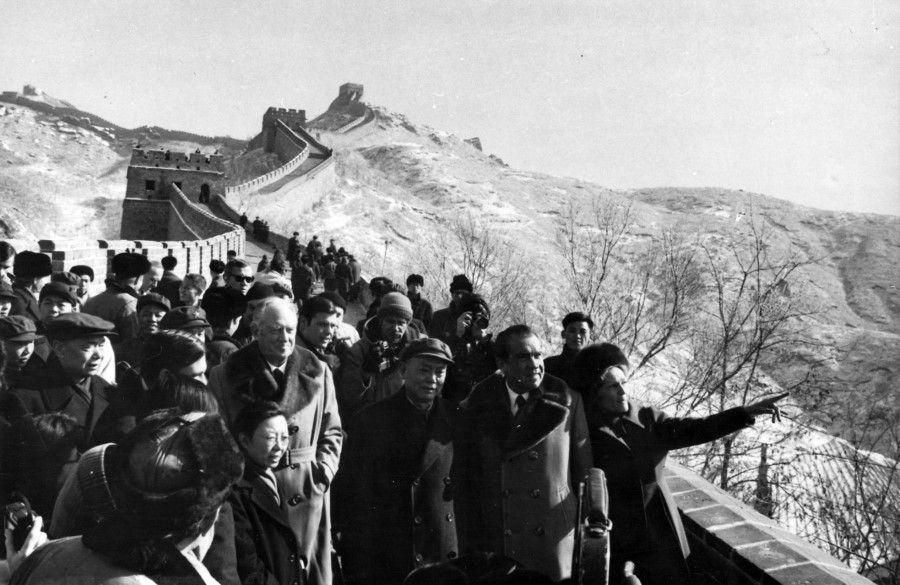 US President Richard Nixon and First Lady Pat Nixon admiring the view from the Great Wall on their visit to China in February 1972.