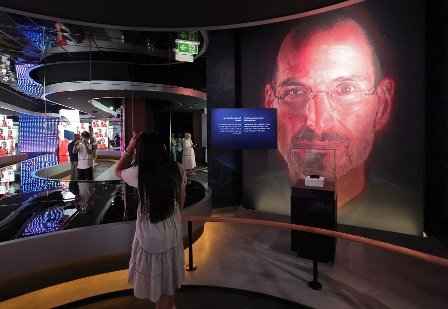 A picture shows an image of Apple founder and late CEO Steve Jobs in the interior of the USA Pavilion at the Dubai Expo 2020, on 1 October 2021. (Giuseppe Cacace/AFP)