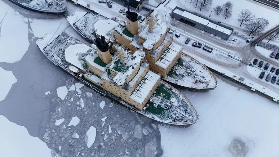 An aerial view shows Icebreaker Urho, Kontio and Sisu on 28 January 2026 in Helsinki, Finland. (Alessandro Rampazzo/AFP)