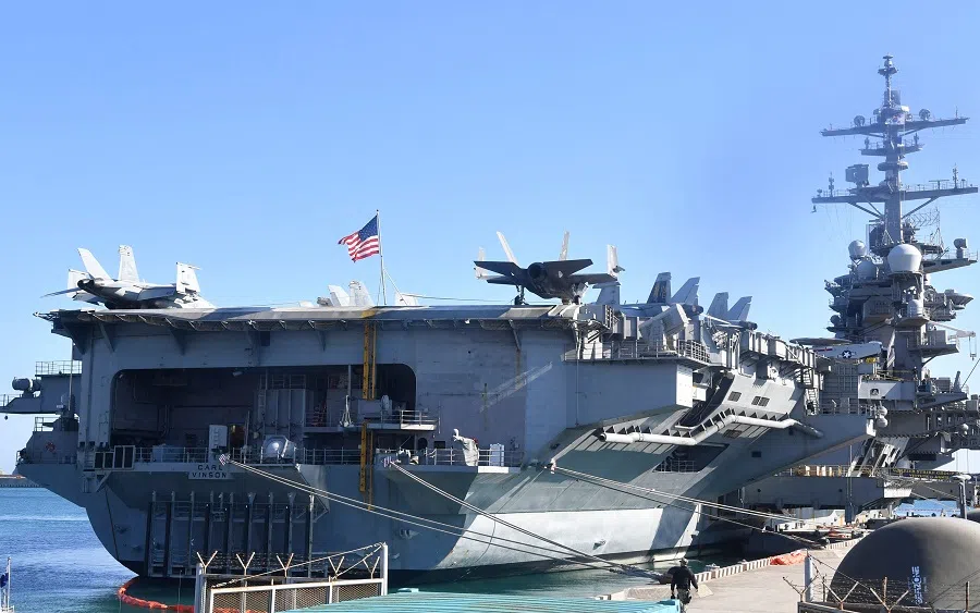 The USS Carl Vinson, a US nuclear-powered aircraft carrier, is anchored at a South Korean naval base during its port visit in the southeastern port city of Busan on 22 November 2023. (Song Kyung-Seok/Pool/AFP)