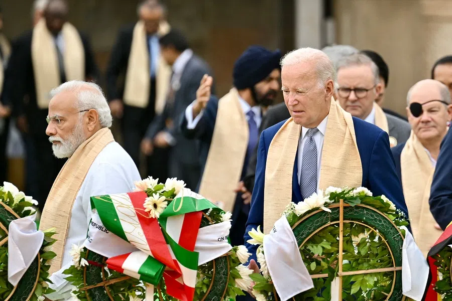 India's Prime Minister Narendra Modi and US President Joe Biden along with world leaders arrive to pay respect at the Mahatma Gandhi memorial at Raj Ghat on the sidelines of the G20 summit in New Delhi on 10 September 2023. (Kenny Holston/AFP)