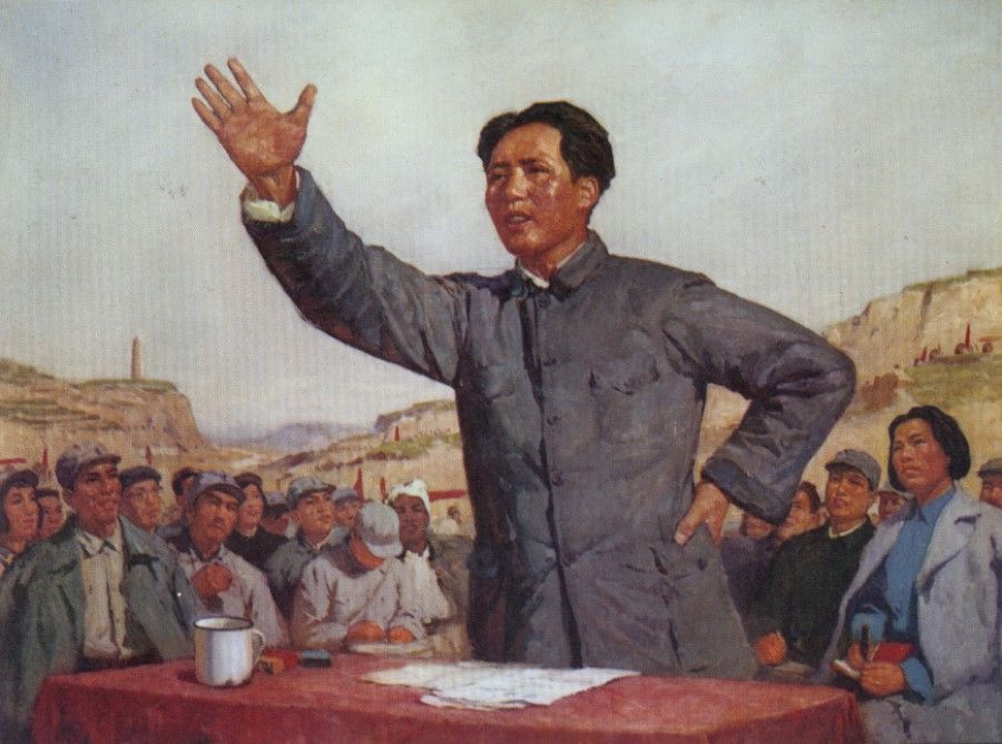A propaganda poster of Chairman Mao Zedong during the Cultural Revolution, promoting the spirit of enduring hardship during the Yan'an period. Deng Xiaoping inherited Mao Zedong's power, but adjusted course.