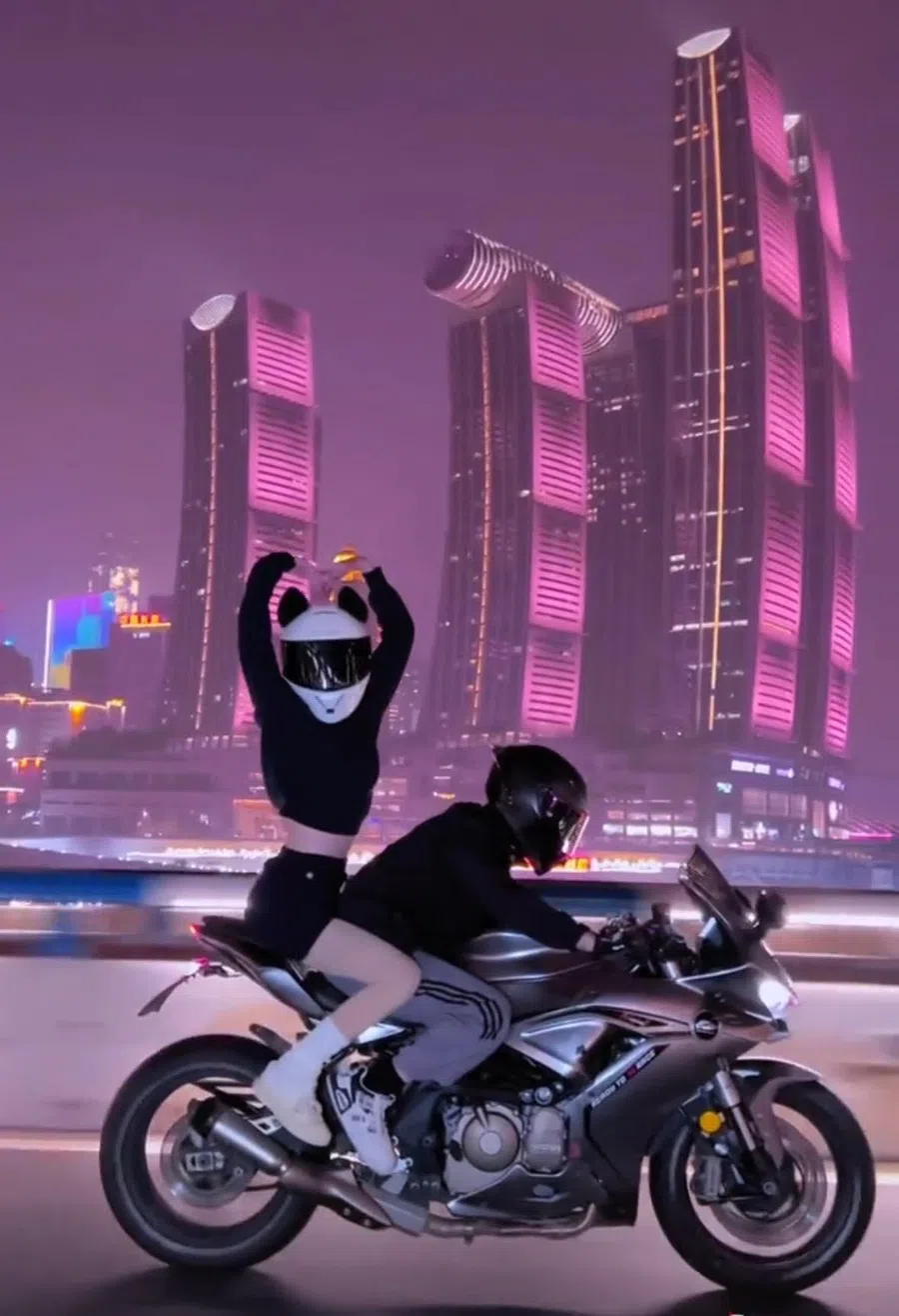 In Chinese cities such as Chongqing and Chengdu, motorcycle photoshoots have gained popularity over the last two years. (Screengrab from Douyin)