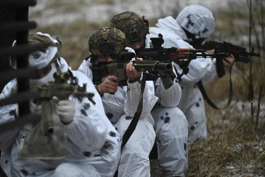 Ukrainian servicemen of the 43rd Mechanized Brigade take part in a military training in an undisclosed location in the Kharkiv region on 1 December 2023, amid the Russian invasion of Ukraine. (Genya Savilov/AFP)