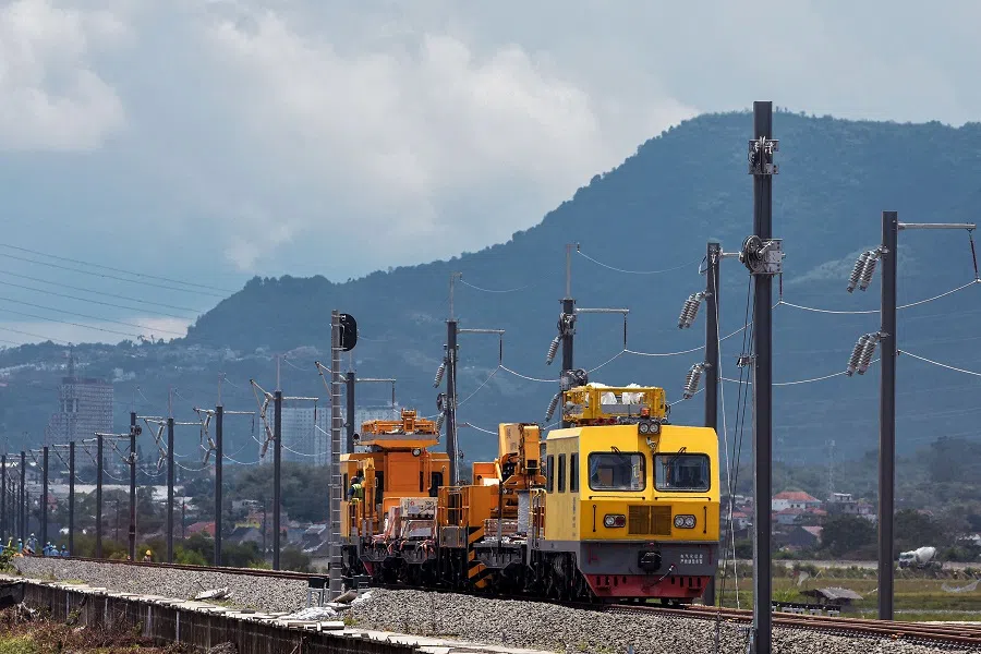 High-speed rail construction workers continue their work, in Bandung, Indonesia, on 4 October 2022, to connect the capital city of Jakarta and Bandung by bullet train. (Timur Matahari/AFP)