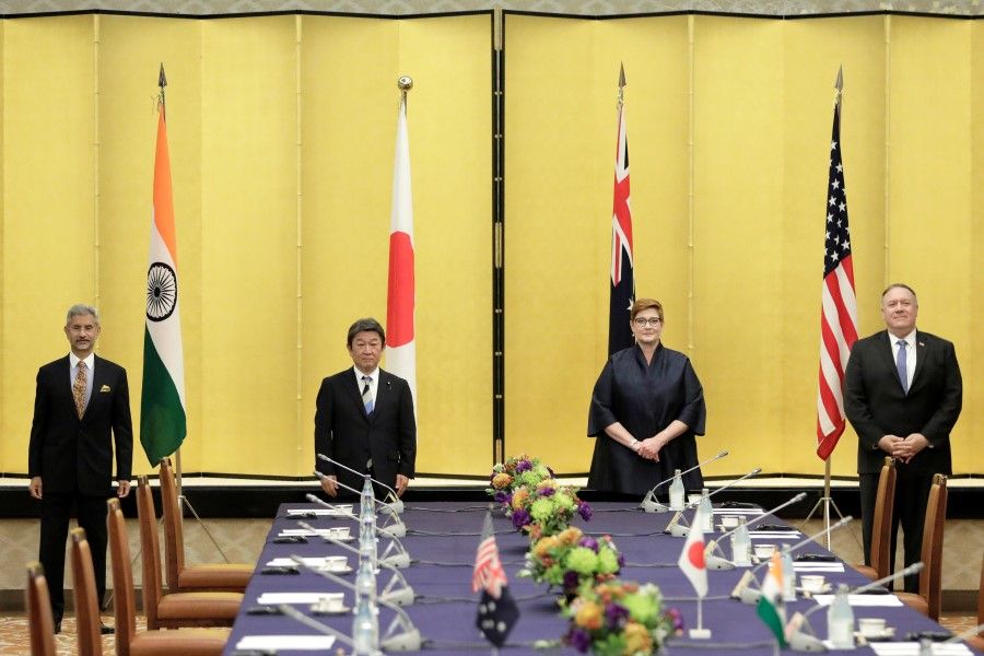 Indian Foreign Minister Subrahmanyam Jaishankar, Japan's Foreign Minister Toshimitsu Motegi, Australia's Foreign Minister Marise Payne and U.S. Secretary of State Mike Pompeo pose for a picture prior the Quad ministerial meeting in Tokyo, Japan, 6 October 2020. (Kiyoshi Ota/Pool via REUTERS)