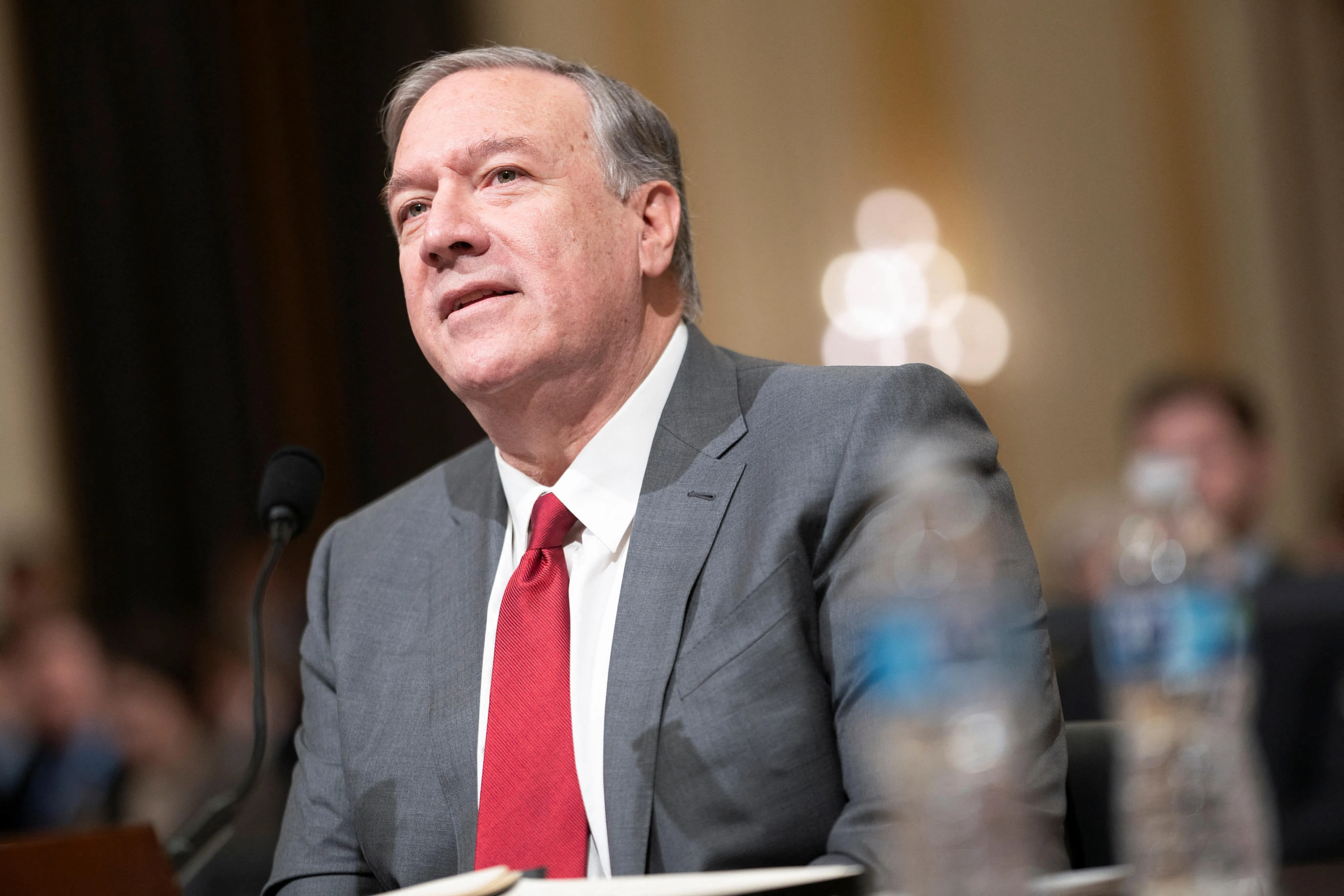 Former US Secretary of State Mike Pompeo looks on as he testifies before the House Select Committee on the Strategic Competition Between the United States and the Chinese Communist Party, on Capitol Hill, in Washington, US, on 30 January 2024. (Nathan Howard/Reuters)