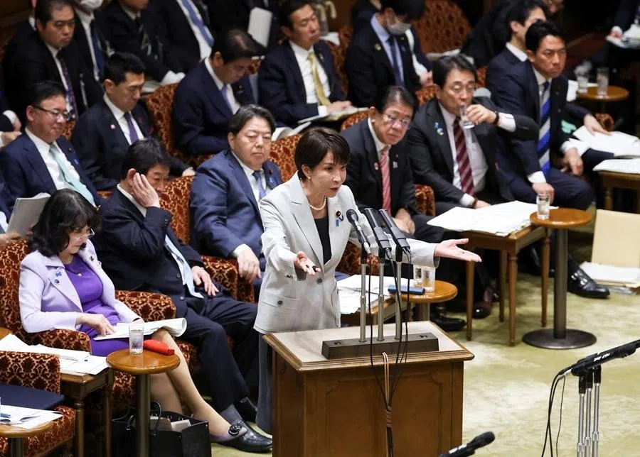Japan’s Prime Minister Sanae Takaichi answers a question in front of her cabinet ministers during the upper house budget committee session at the Parliament in Tokyo, Japan, on 7 April 2026.