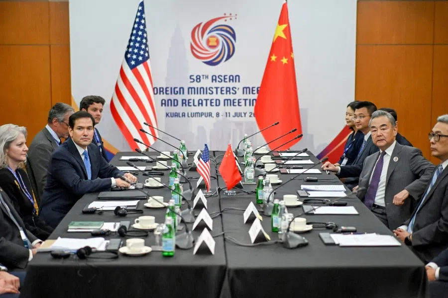US Secretary of State Marco Rubio meets with China’s Foreign Minister Wang Yi during the 58th ASEAN Foreign Ministers’ meeting and related meetings at the Convention Centre in Kuala Lumpur on 11 July 2025. (Mandel Ngan/Reuters)