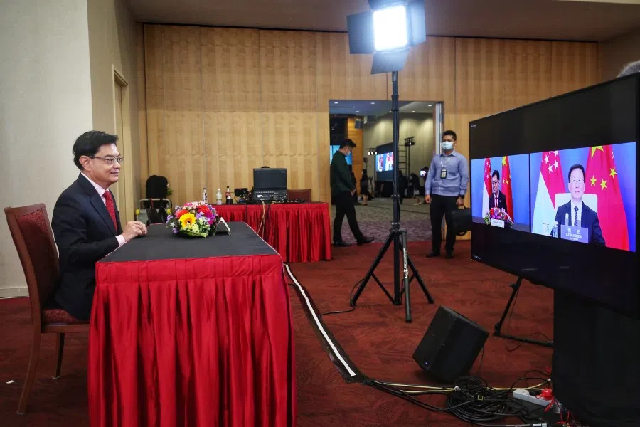 Deputy Prime Minister Heng Swee Keat and Vice Premier of the People's Republic of China Han Zheng witness the MOU Signing Ceremony, Launch of Commemorative Philatelic Issue and Launch of Business China Microsite, as part of the 16th JCBC and related meetings 2020. (SPH)