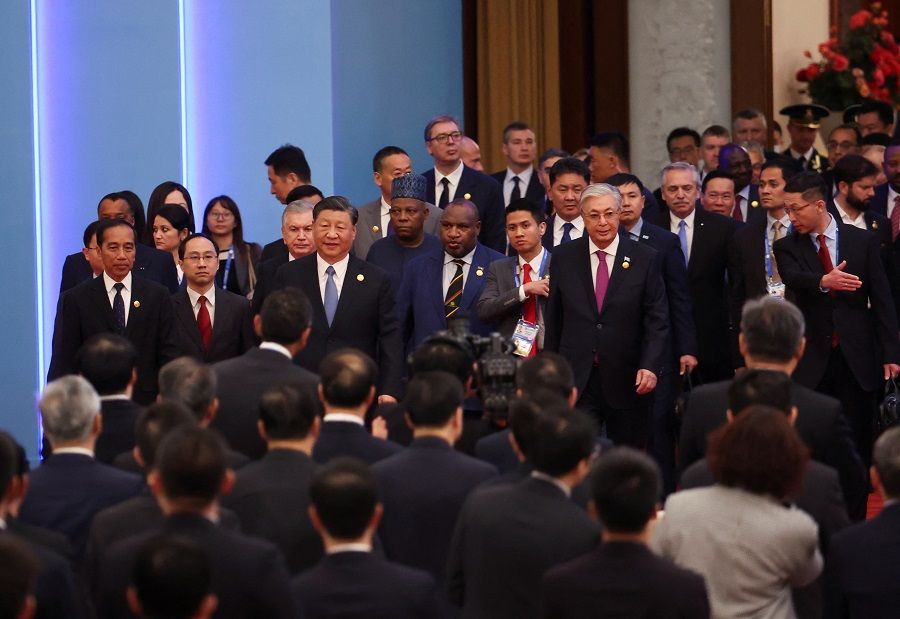 Chinese President Xi Jinping, along with other leaders, attends the opening ceremony of the Belt and Road Forum (BRF) to mark the tenth anniversary of the Belt and Road Initiative at the Great Hall of the People in Beijing, on 18 October 2023. (Edgar Su/Reuters)