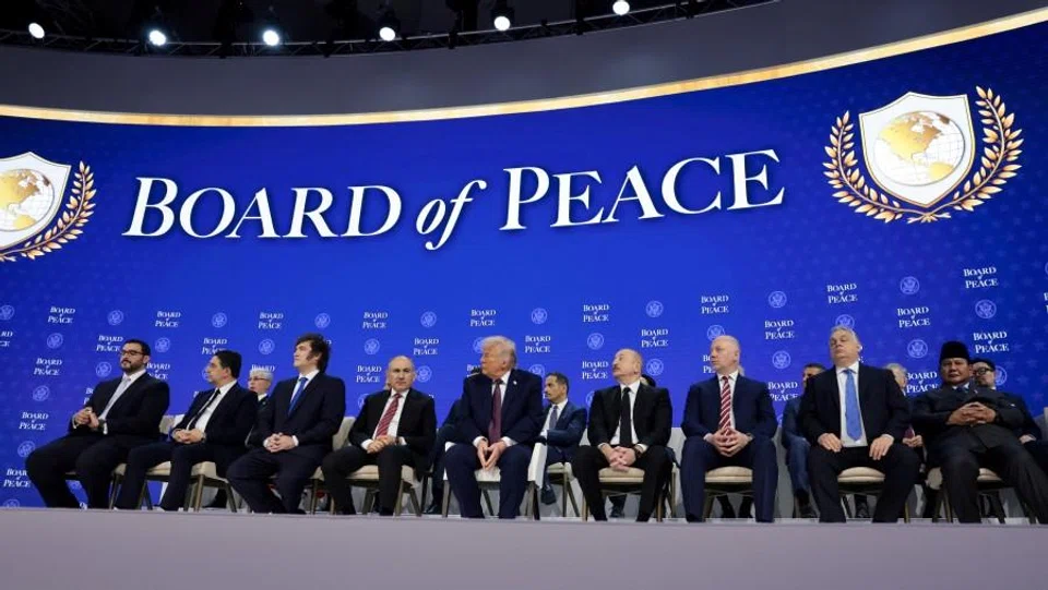 World leaders gather during a charter announcement for Trump’s Board of Peace initiative aimed at resolving global conflicts, alongside the 56th annual World Economic Forum (WEF), in Davos, Switzerland, on 22 January 2026. (Jonathan Ernst/Reuters)