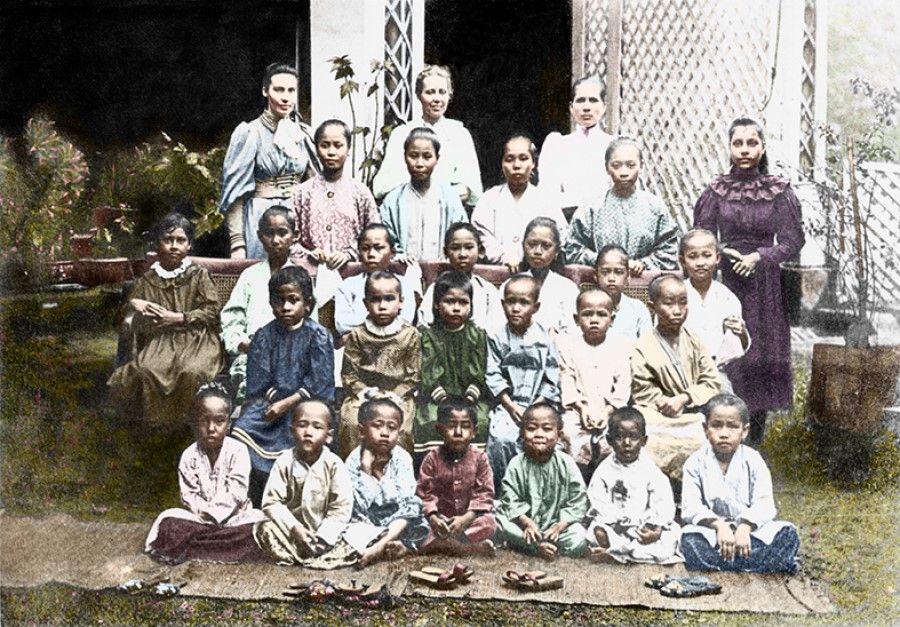 Children in a Singapore orphanage in the late 19th century. The many different races seen here hints at the eventual multiracial structure of Singapore society.