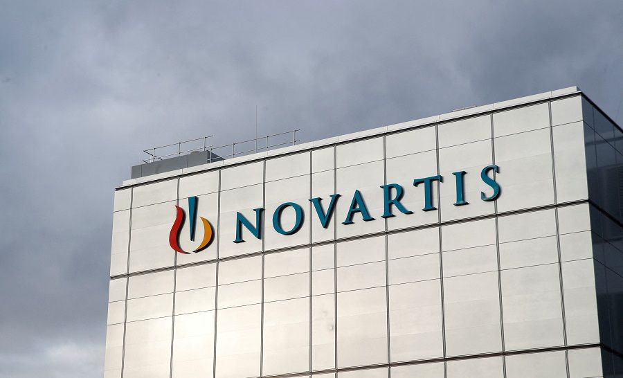 The company's logo is seen at the cell and gene therapy factory of Swiss drugmaker Novartis in Stein, Switzerland, on 28 November 2019. (Arnd Wiegmann/Reuters)