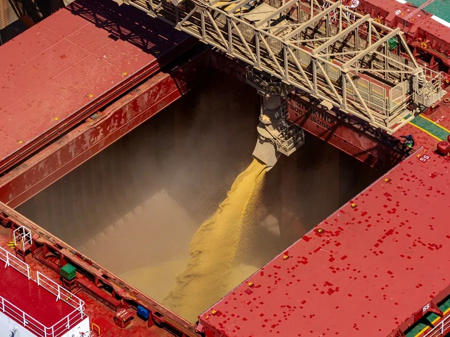 A drone view shows a bulk carrier being loaded with soybeans at the port of Paranagua, Parana, Brazil, on 28 March 2026.