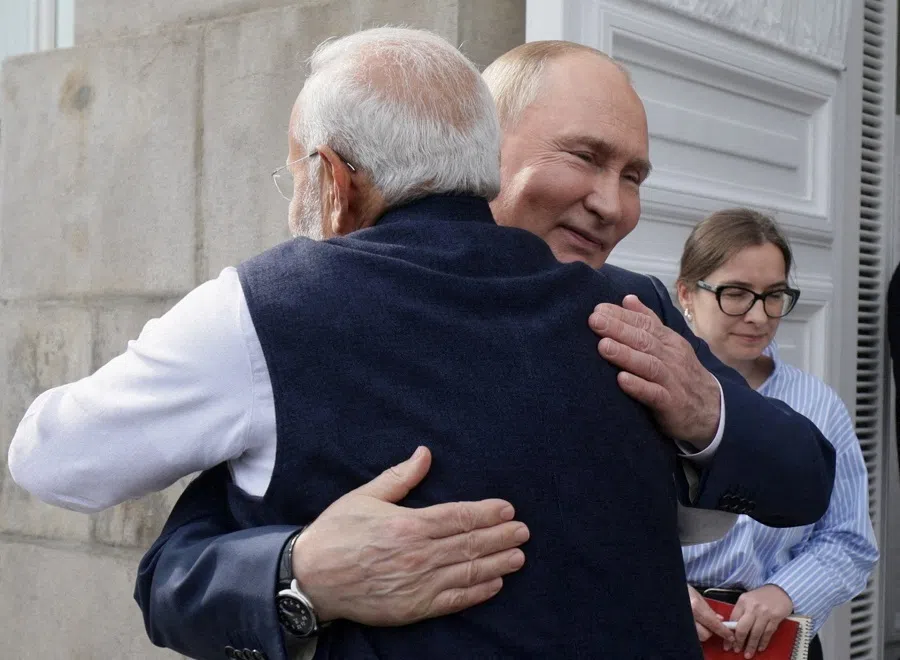 Russian President Vladimir Putin bids farewell to Indian Prime Minister Narendra Modi following their meeting at the Kremlin in Moscow, Russia, on 9 July 2024. (Sputnik/Gavriil Grigorov/Pool via Reuters)