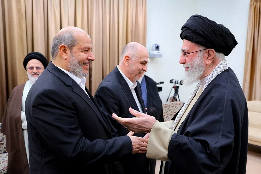 Iran's Supreme Leader Ayatollah Ali Khamenei meets with Hamas leader Khalil al-Hayya in Tehran, Iran, 8 February 2025.
