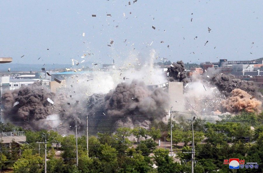 A view of an explosion of a joint liaison office with South Korea in border town Kaesong, North Korea in this picture supplied by North Korea's Korean Central News Agency (KCNA) on 16 June 2020. (KCNA via REUTERS)
