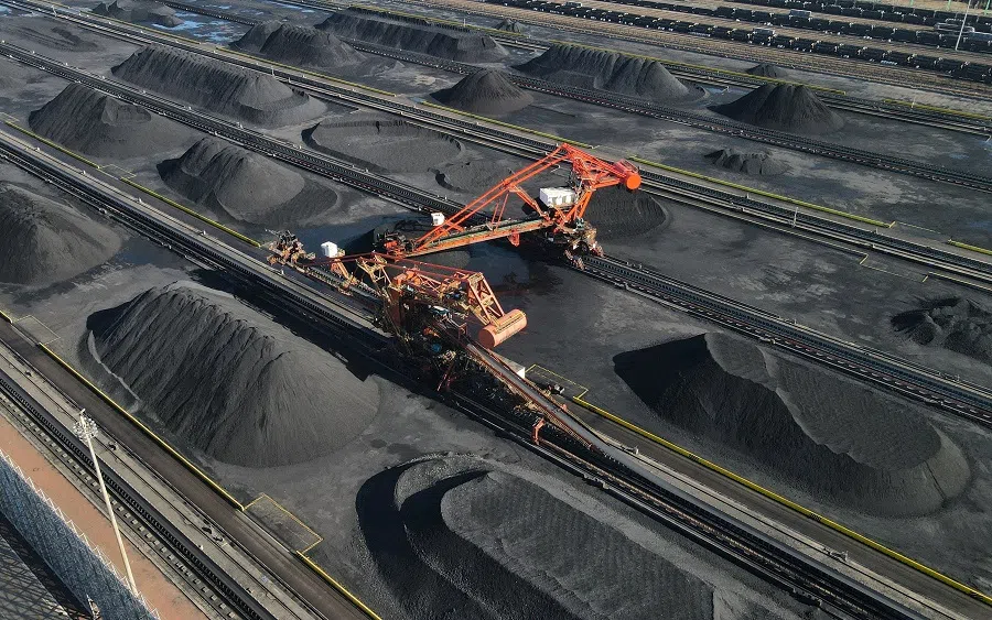 An aerial view of the machinery at the coal terminal of Huanghua port, in Hebei province, China, 1 February 2023. (China Daily via Reuters)