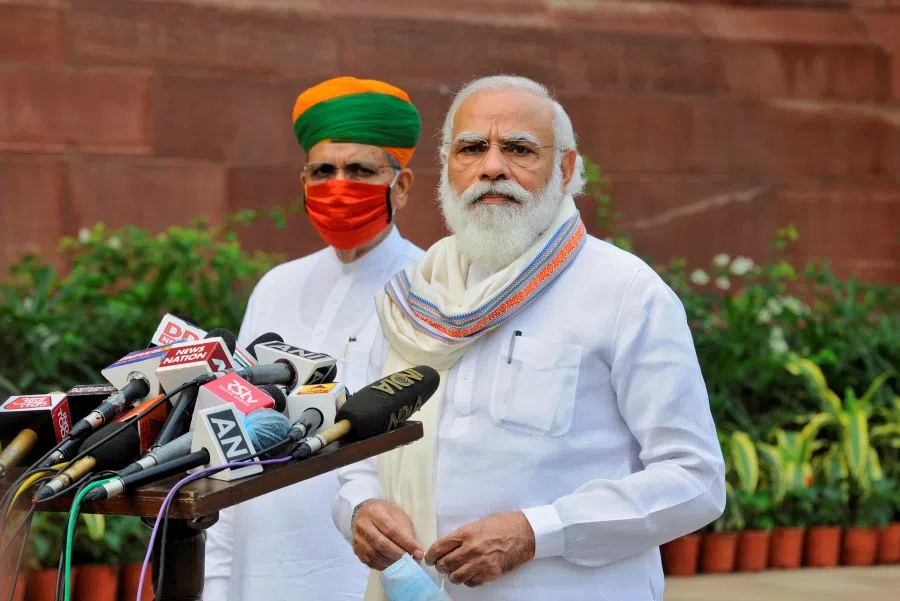 India's Prime Minister Narendra Modi looks on as he speaks to the media inside the parliament premises on the first day of the monsoon session in New Delhi, India, 14 September 2020. (REUTERS/Stringer)