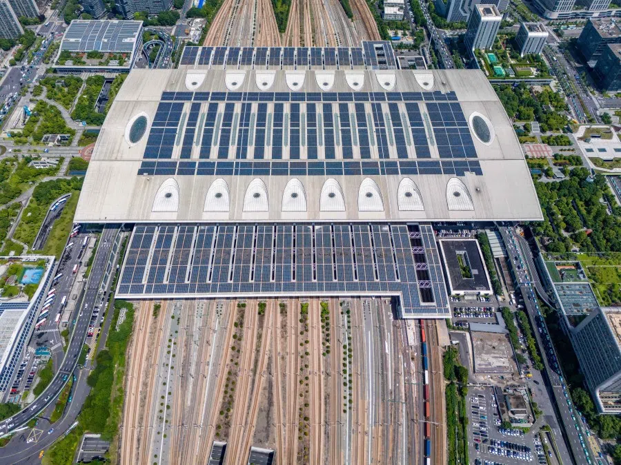 This aerial photo shows solar panels on the roof of a railway station in Hangzhou, eastern China’s Zhejiang province on 29 October 2025. (AFP)
