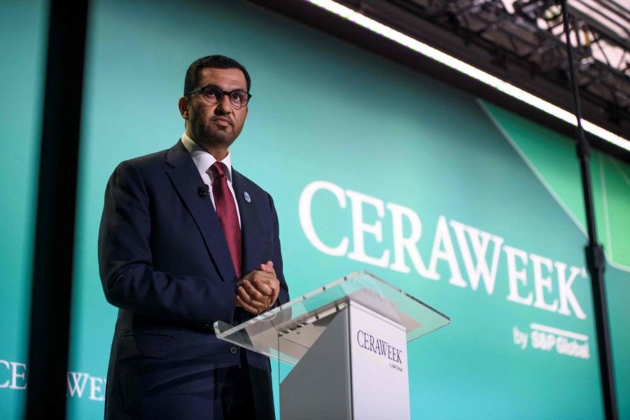 United Arab Emirates Minister of Industry and Advanced Technology Sultan Ahmed al-Jaber speaks during CERAWeek by S&P Global in Houston, Texas on 6 March 2023. (Mark Felix/AFP)