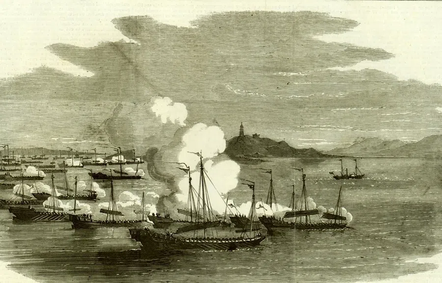 An engraving from a British illustrated publication depicting the fierce fighting at the Battle of Humen, where Lin Zexu destroyed the opium surrendered by British merchants.