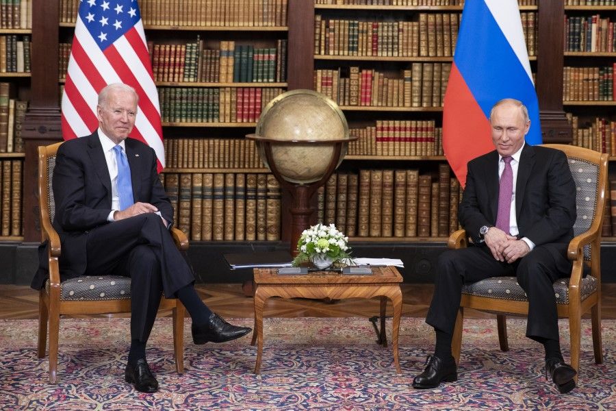 US President Joe Biden (left), and Vladimir Putin, Russia's president, at the start of the US-Russia summit at Villa La Grange in Geneva, Switzerland, 16 June 2021. (Peter Klaunzer/Swiss Federal Office of Foreign Affairs/Bloomberg)