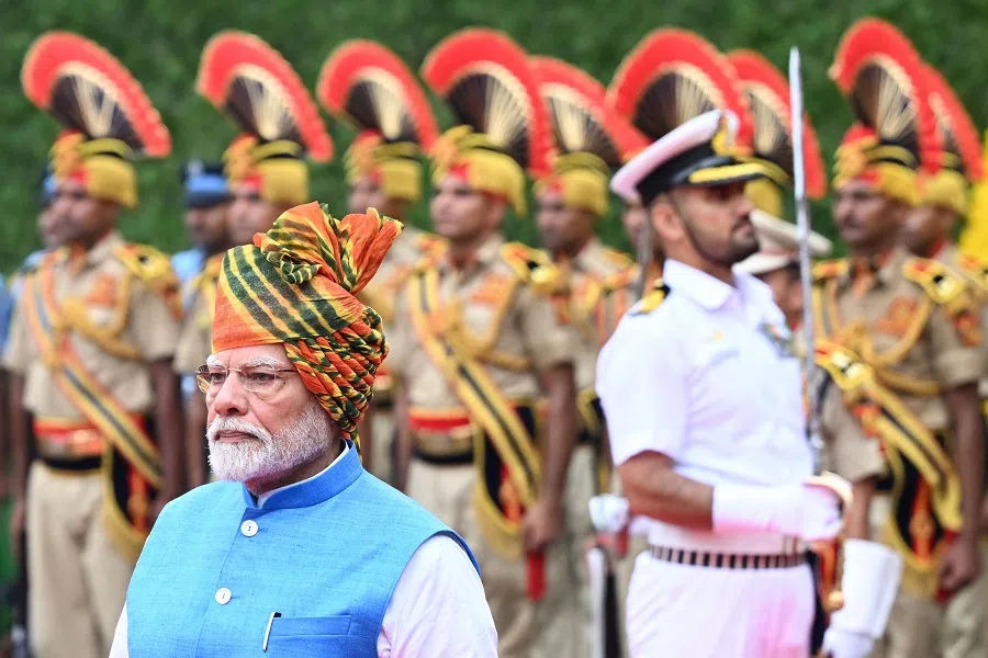 Indian Prime Minister Narendra Modi inspects the guard of honour to mark the country’s Independence Day, at the Red Fort in New Delhi, India, on 15 August 2024.