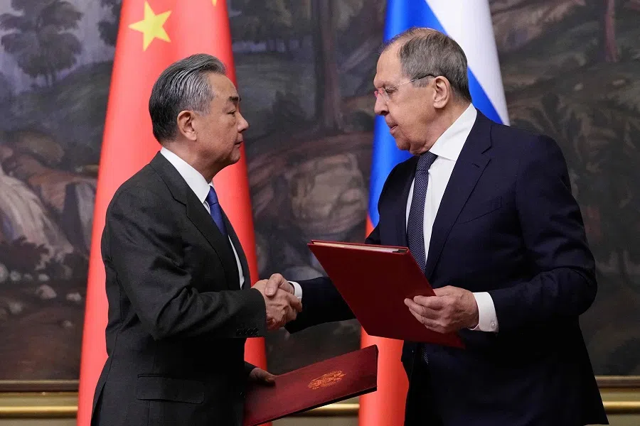 Russian Foreign Minister Sergei Lavrov and his Chinese counterpart Wang Yi attend a signing ceremony following their talks in Moscow on 1 April 2025. (Pavel Bednyakov/Pool/AFP)